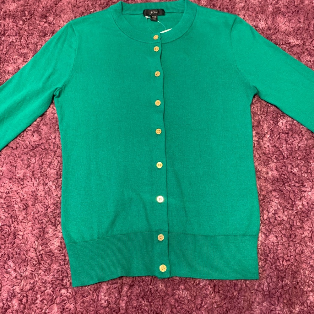 J CREW emerald green cardigan with gold buttons